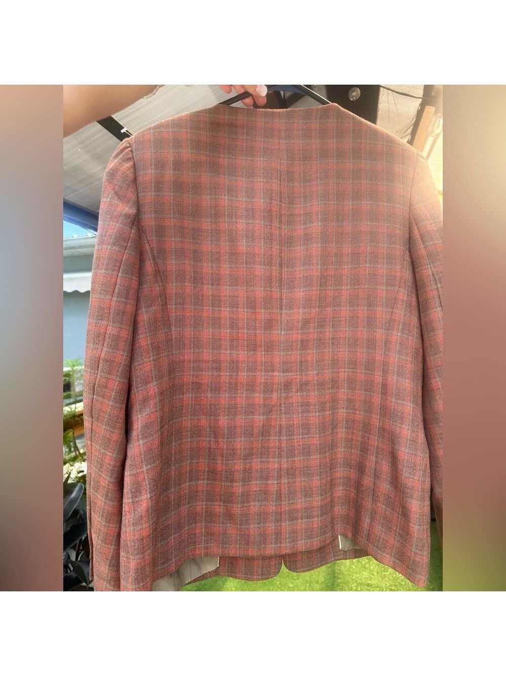 Custom Vintage Dara Lamb Medium Tan Orange Plaid Blazer one button - Picture 4 of 9